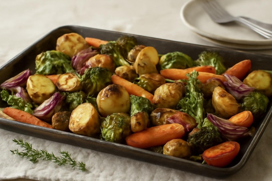 Tray of mixed roasted vegetables with herbs